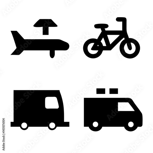 Vector illustration of simple monochromatic vehicle and transport related icons.Transportation and vehicle icons pack. Isolated transportation and vehicle symbols collection. Graphic icons element

