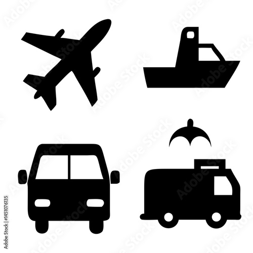 Vector illustration of simple monochromatic vehicle and transport related icons.Transportation and vehicle icons pack. Isolated transportation and vehicle symbols collection. Graphic icons element
