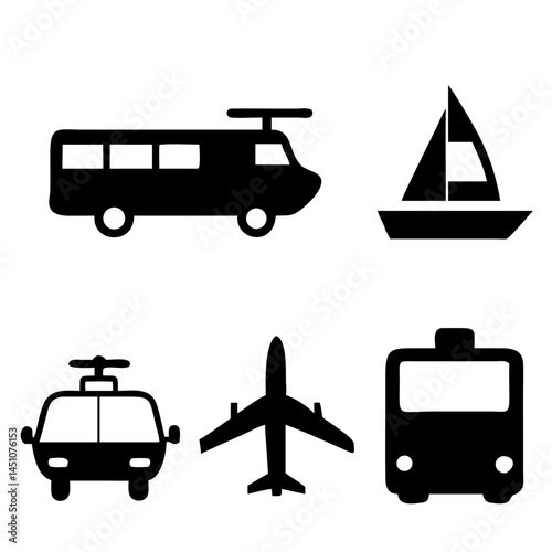 Vector illustration of simple monochromatic vehicle and transport related icons.Transportation and vehicle icons pack. Isolated transportation and vehicle symbols collection. Graphic icons element
