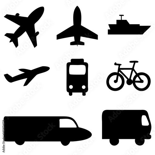 Vector illustration of simple monochromatic vehicle and transport related icons.Transportation and vehicle icons pack. Isolated transportation and vehicle symbols collection. Graphic icons element

