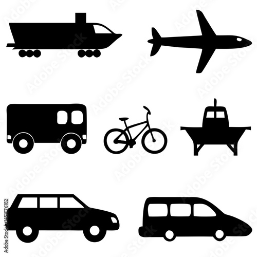 Vector illustration of simple monochromatic vehicle and transport related icons.Transportation and vehicle icons pack. Isolated transportation and vehicle symbols collection. Graphic icons element
