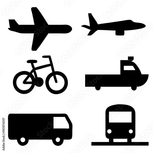 Vector illustration of simple monochromatic vehicle and transport related icons.Transportation and vehicle icons pack. Isolated transportation and vehicle symbols collection. Graphic icons element
