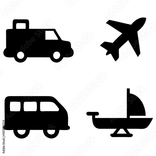 Vector illustration of simple monochromatic vehicle and transport related icons.Transportation and vehicle icons pack. Isolated transportation and vehicle symbols collection. Graphic icons element
