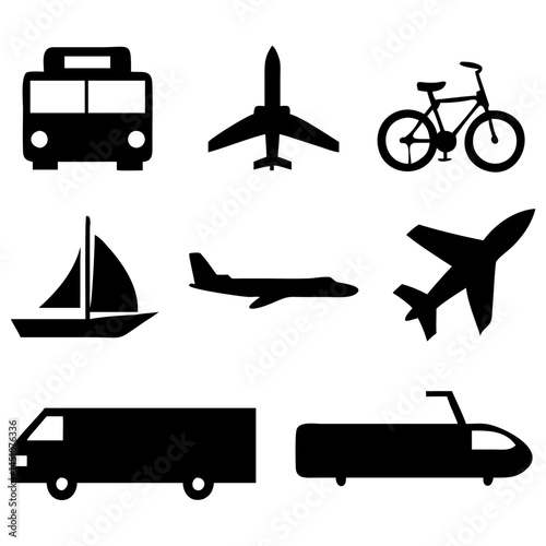 Vector illustration of simple monochromatic vehicle and transport related icons.Transportation and vehicle icons pack. Isolated transportation and vehicle symbols collection. Graphic icons element
