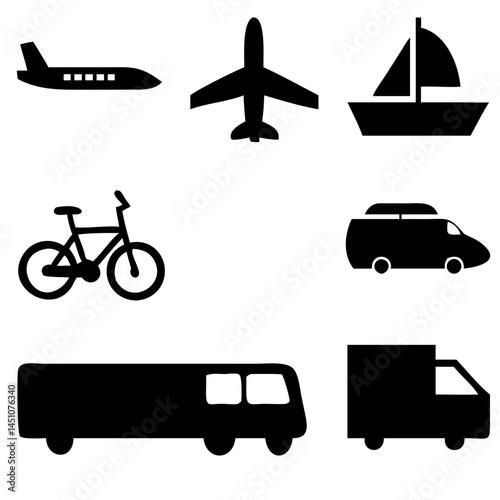 Vector illustration of simple monochromatic vehicle and transport related icons.Transportation and vehicle icons pack. Isolated transportation and vehicle symbols collection. Graphic icons element
