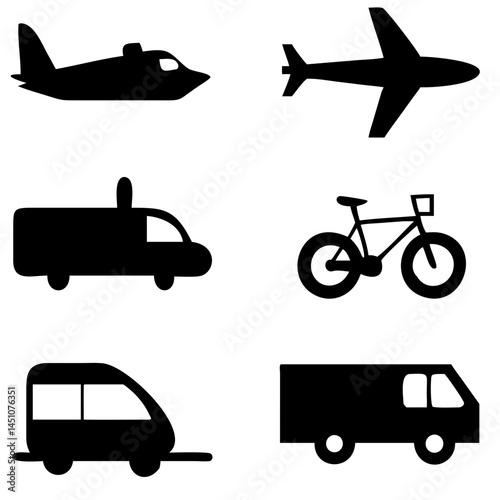 Vector illustration of simple monochromatic vehicle and transport related icons.Transportation and vehicle icons pack. Isolated transportation and vehicle symbols collection. Graphic icons element
