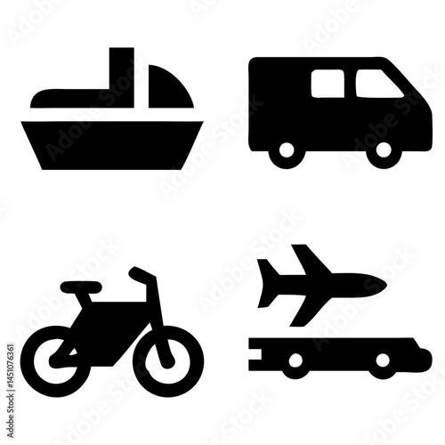 Vector illustration of simple monochromatic vehicle and transport related icons.Transportation and vehicle icons pack. Isolated transportation and vehicle symbols collection. Graphic icons element
