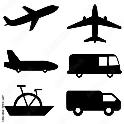 Vector illustration of simple monochromatic vehicle and transport related icons.Transportation and vehicle icons pack. Isolated transportation and vehicle symbols collection. Graphic icons element
