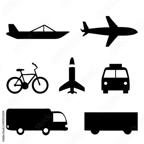 Vector illustration of simple monochromatic vehicle and transport related icons.Transportation and vehicle icons pack. Isolated transportation and vehicle symbols collection. Graphic icons element
