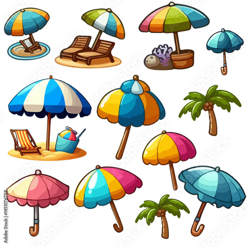collection beach umbrellas set vector on white background