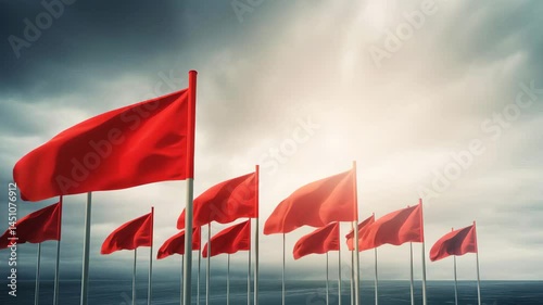 Vibrant Red Flags Against Dramatic Sky in Scenic Coastal Landscape