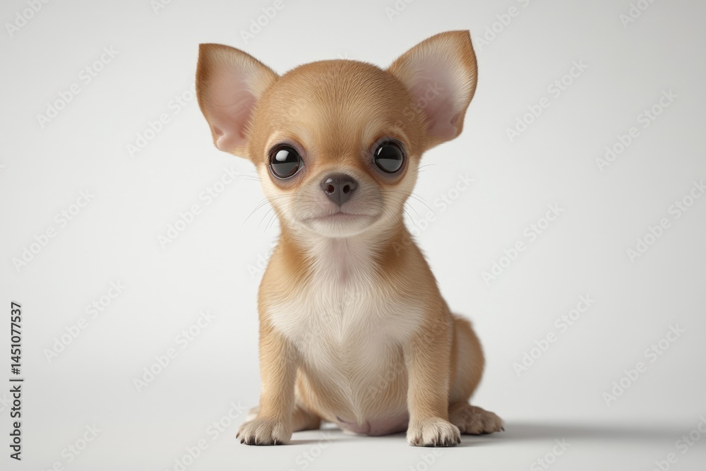 A tan Chihuahua puppy with big ears sits attentively on a white background, showcasing its endearing and innocent appearance. A tan Chihuahua puppy with big ears sits attentively on a white background, showcasing its endearing and innocent appearance.