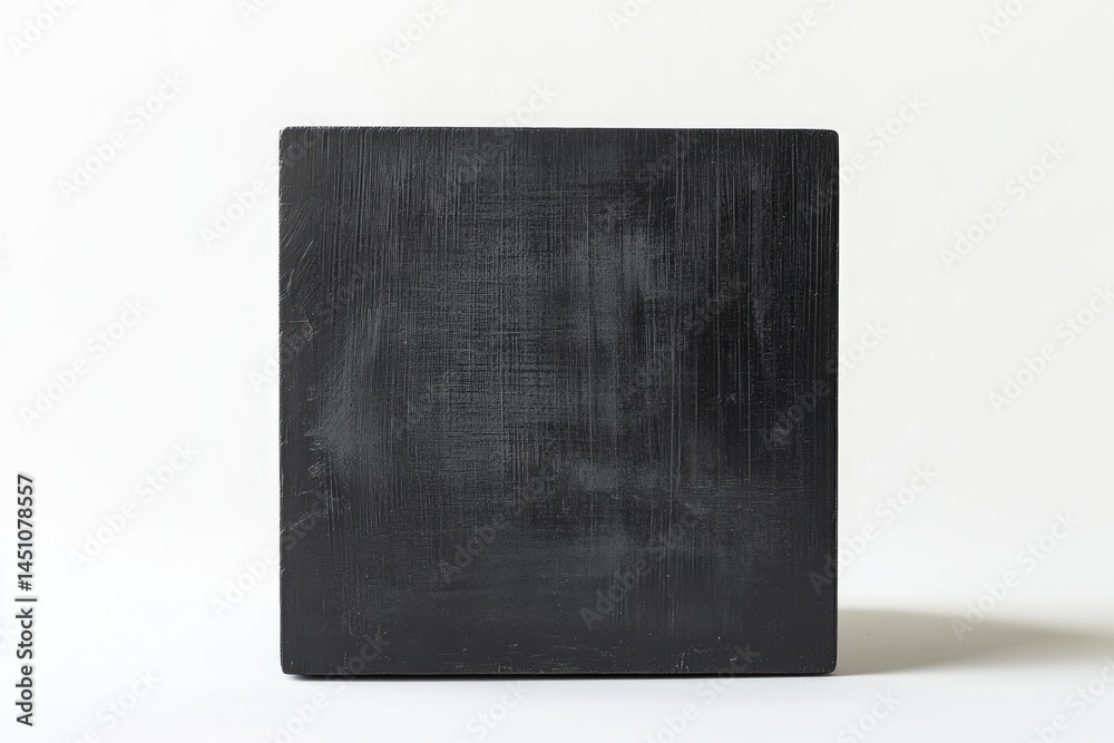 A dark rectangular block with visible wood grain sits against a plain white backdrop, casting a slight shadow.