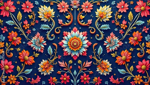 Intricate paisley floral pattern in vibrant hues, nature, motif, bright