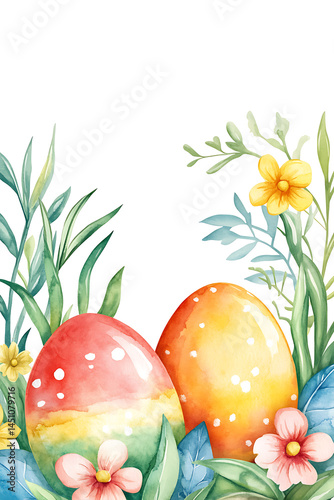 Colorful Easter eggs nestled among vibrant flowers and greenery in a cheerful spring setting