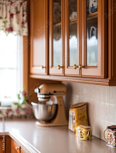 Kitchen interior with wooden cabinets countertops appliances and floral curtain details