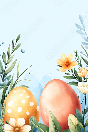 Colorful Easter eggs surrounded by flowers and greenery against a light blue background