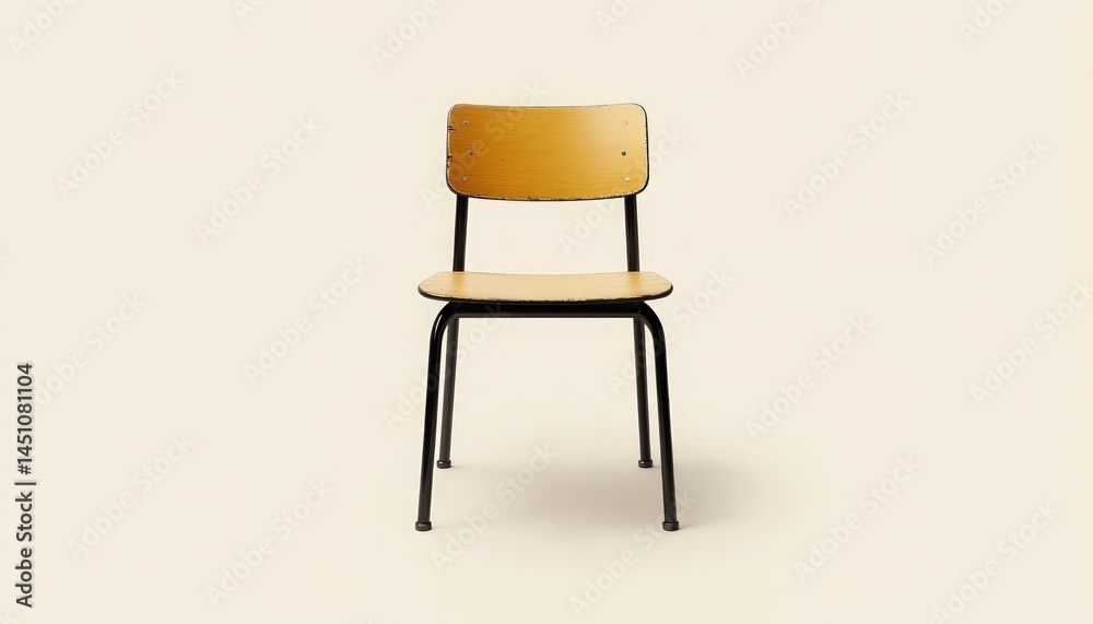 Fototapeta premium Single chair with wooden seat and backrest on a solid light background. Minimalist design featuring simple lines.