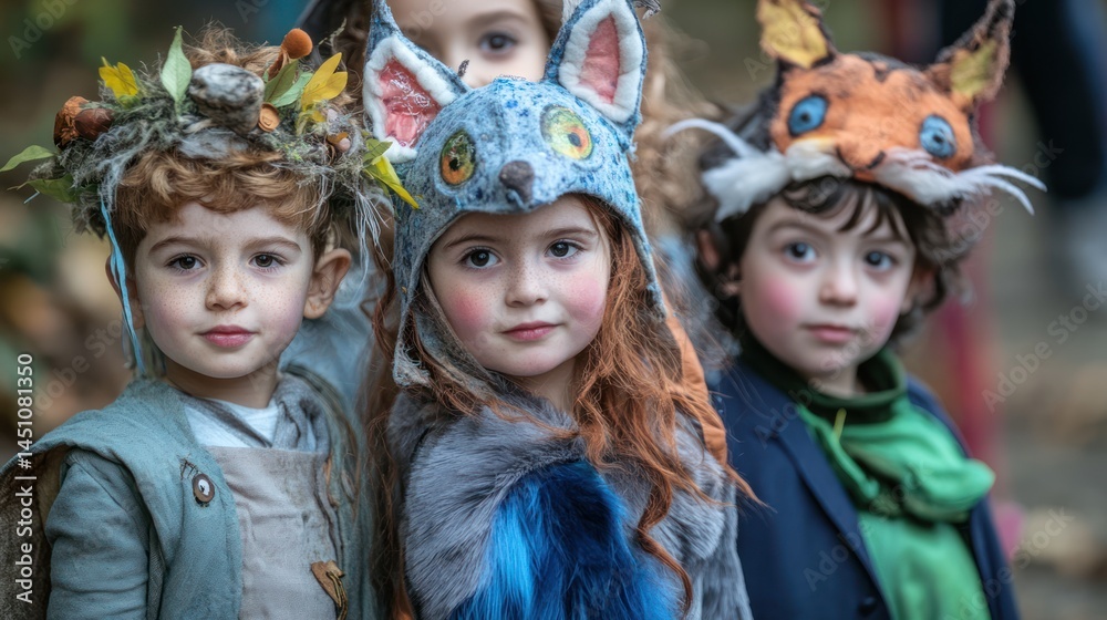 Enchanted Forest Children: A whimsical portrayal of three children dressed in handcrafted animal costumes, capturing the essence of autumn's charm. Enchanted Forest Children: A whimsical portrayal of three children dressed in handcrafted animal costumes, capturing the essence of autumn's charm.