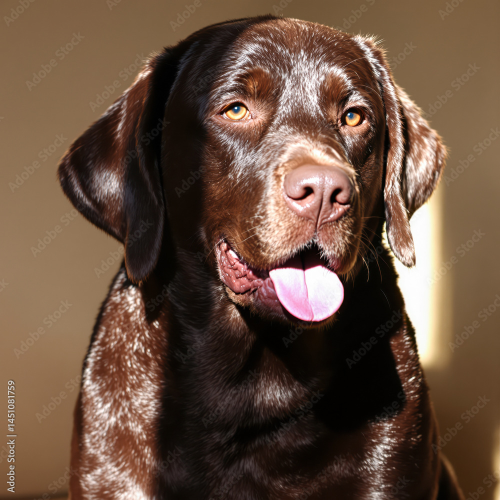 Fototapeta premium content chocolate labrador retriever in warm sunlight
