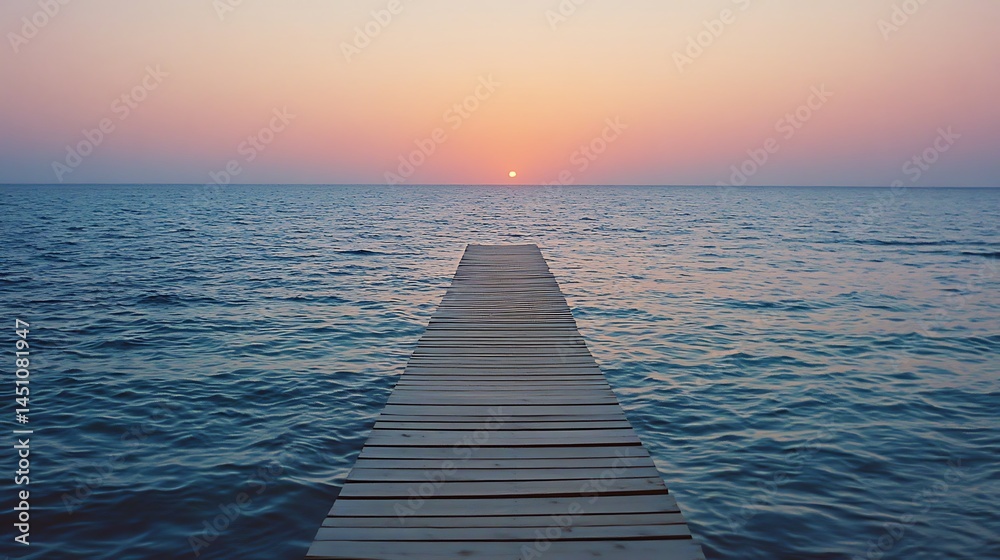 Obraz premium Peaceful wooden dock extending into a tranquil ocean at sunset.