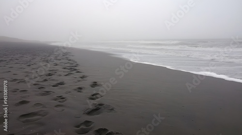 Foggy Beach Landscape,  Dark Sand Footprints Ocean Waves