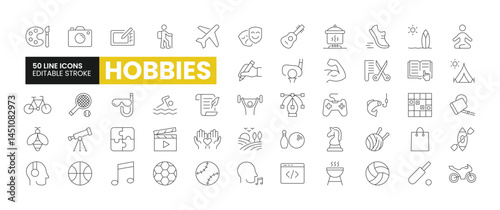Set of 50 Hobbies line icons set. Hobbies outline icons with editable stroke collection. Includes Painting, Travelling, Gaming, Bodybuilding, Playing Cricket, and More.