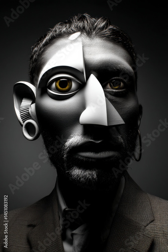 Cubist-style surreal male portrait with exaggerated features and monochrome tones, ideal for abstract art, visual identity, and expressive editorial compositions.