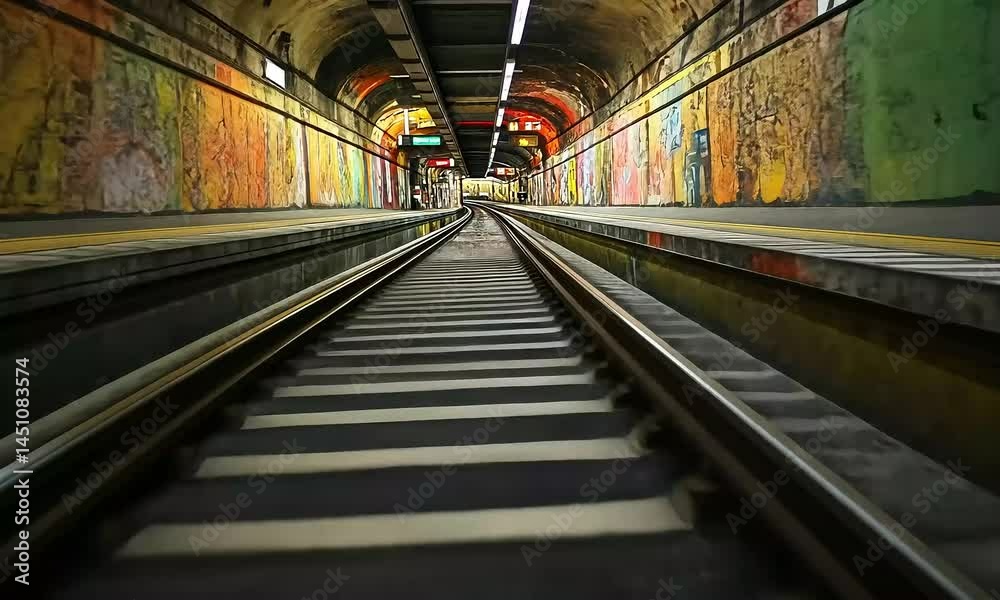 Eerie subway tunnel vision with colorful graffiti art on train platform walls Eerie subway tunnel vision with colorful graffiti art on train platform walls