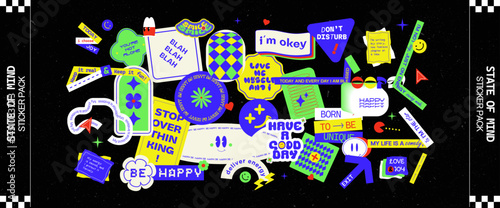 Playful label shape set. Colorful trendy sticker pack. Printed retro patch cartoon collection. Groovy text slogan. Geometric element. Brutalism aesthetic. Catchphrase sign. Flat vector illustration. 