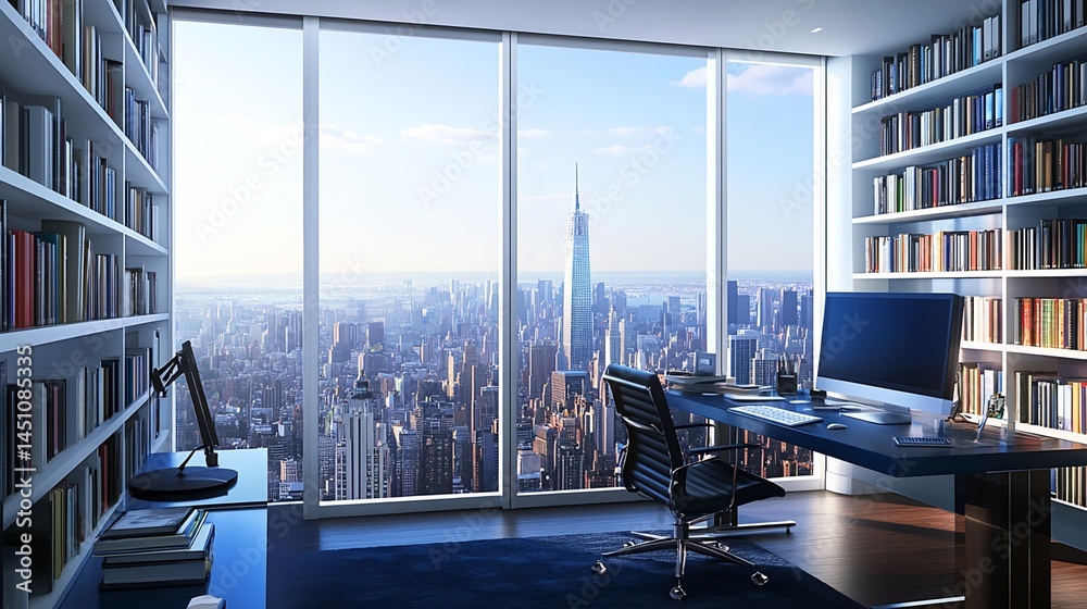 Fototapeta premium High-Rise Office with City View and Extensive Bookcases