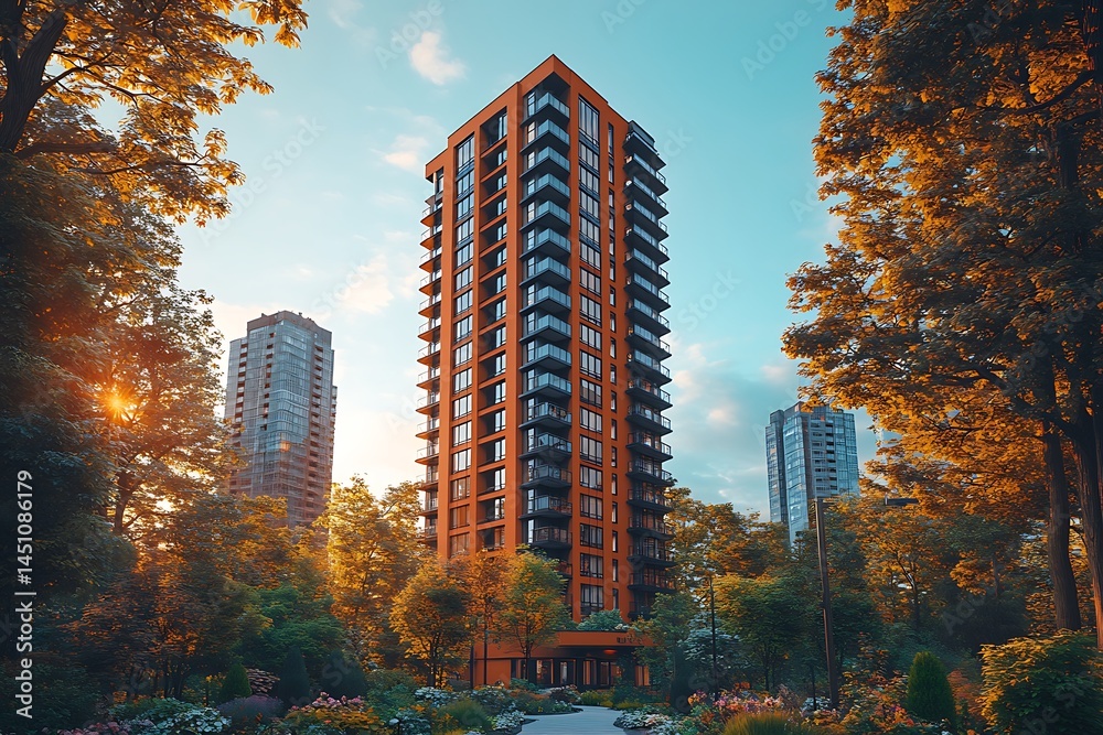 Obraz premium Autumn Sunset at the Modern Residential Tower