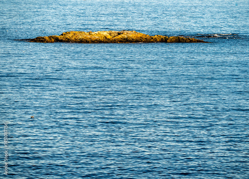 Obraz na płótnie Small Rocky Outcropping Catches Sun Light With Ocean Copy Space w salonie