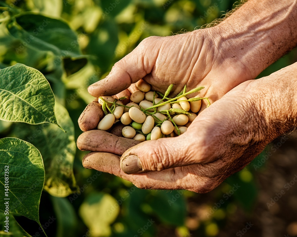 Mature Hands Holding Harvested Beans and Stems Mature Hands Holding Harvested Beans and Stems