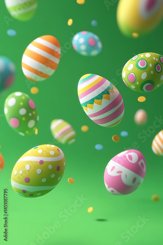 Colorful Easter eggs floating against a vibrant green background with confetti scattered around