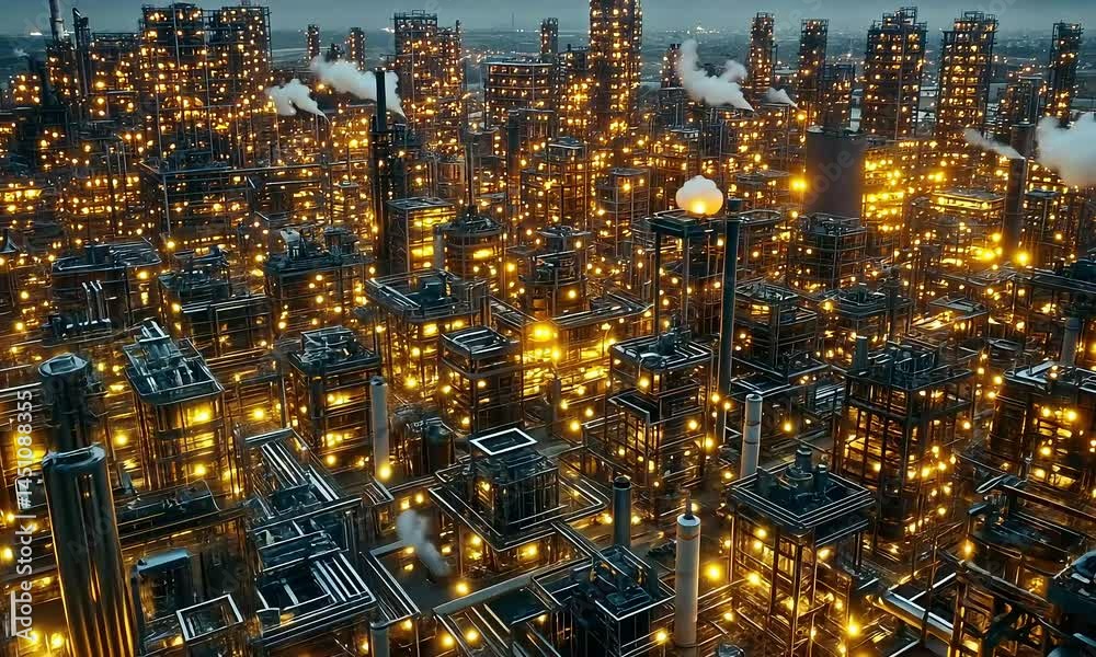 Aerial View of a Glowing Industrial Complex at Dusk: Production Hub Aerial View of a Glowing Industrial Complex at Dusk: Production Hub