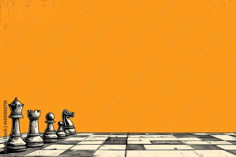 Minimalist artwork of chess pawns advancing toward the edge of the board with empty space ahead, evoking challenge, future, direction, goals and strategic decisions.