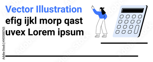 Woman standing, pointing at text, alongside a calculator. Ideal for education, finance, analysis, learning resources, business tools, academic concepts simple landing page