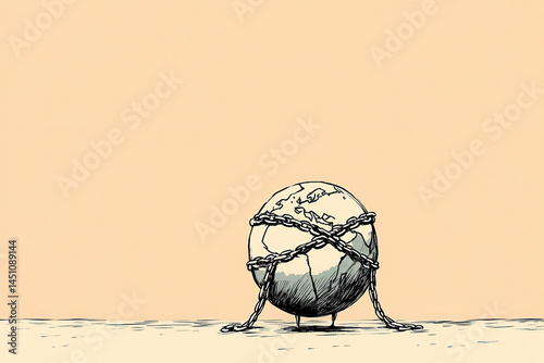 Surreal illustration of a tied ball resting on an empty desert floor, metaphor for stagnation, burden, indecision, limitation and emotional restriction in creative visuals.