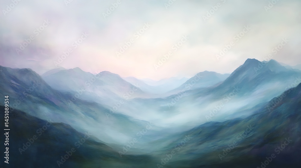 Obraz premium Misty mountain range vista in soft hues.