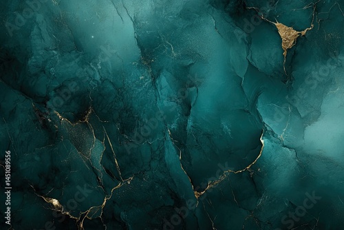 Deep teal and gold marbled surface with dramatic veining.  Intricate patterns of dark teal, and gold highlights create a visually striking texture