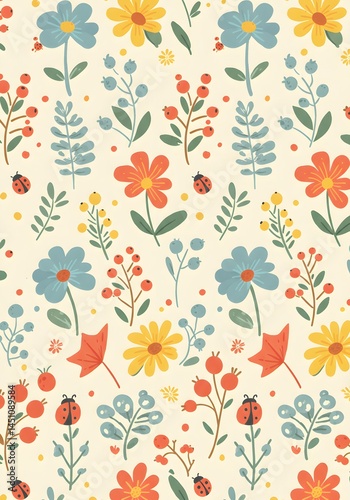 Delicate Floral Arrangement with Retro Flair: A Hand-Drawn Botanical Pattern Showcasing Artistic Blooms and Intricate Leaf Details for Textile or Wallpaper Design