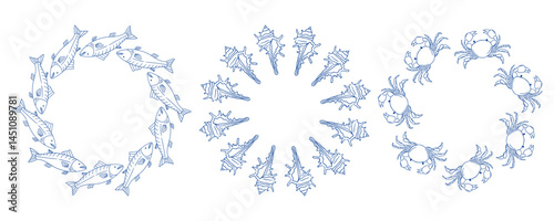 Decorative marine patterns featuring fish, sea creatures, and crustaceans in blue tones