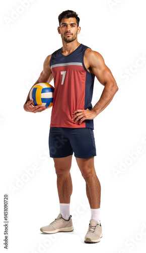 Male Indian athlete holding volleyball with with confident, isolated background