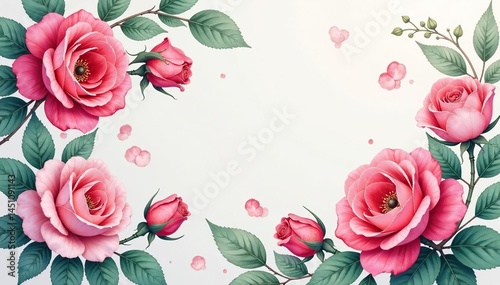 Intricate watercolor roses & leaves, soft hues, soft, botanical, pink