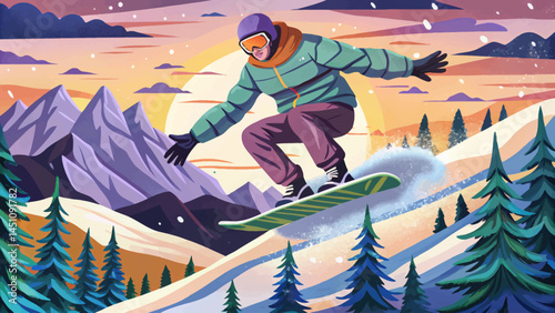 Snowboarder jumping off snowy hill in winter landscape. Dynamic action sports scene perfect for adventure, extreme winter activities vector, and outdoor lifestyle designs