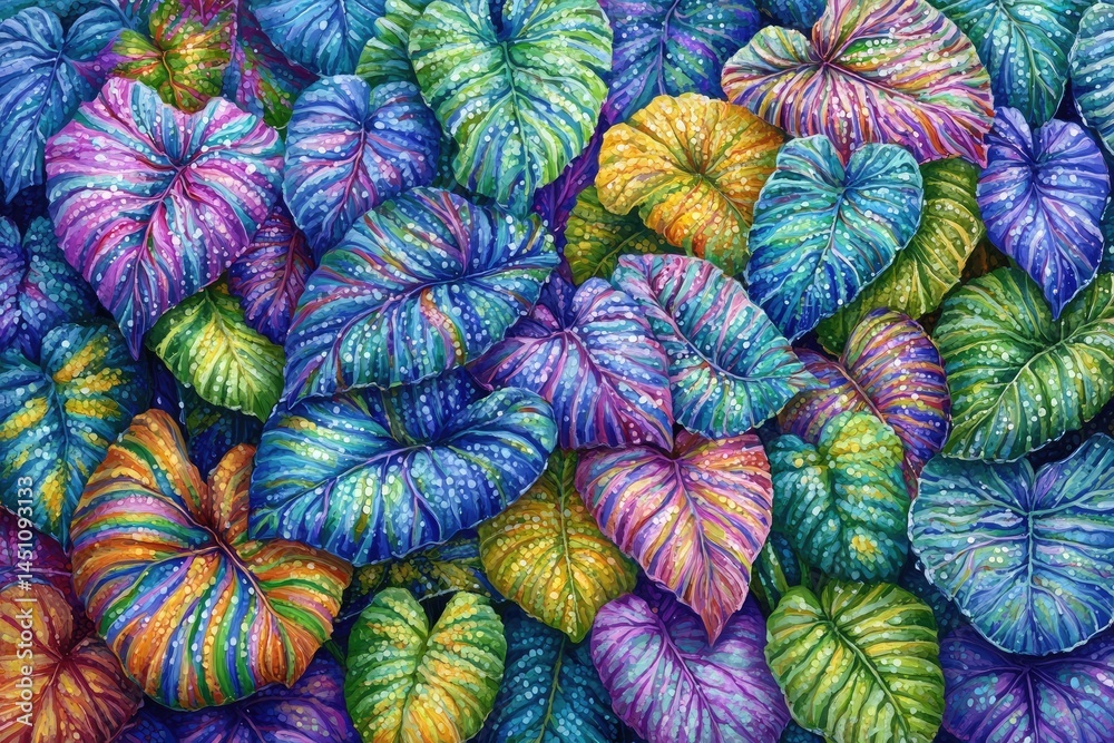 Vibrant, multicolored leaves, densely packed, with intricate striped patterns and glistening water droplets, creating a lush, tropical aesthetic Vibrant, multicolored leaves, densely packed, with intricate striped patterns and glistening water droplets, creating a lush, tropical aesthetic