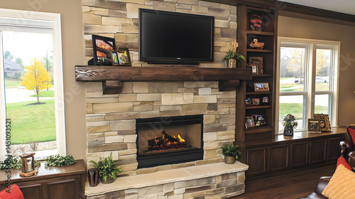 Modern Stone Fireplace Design with Built-in Shelves