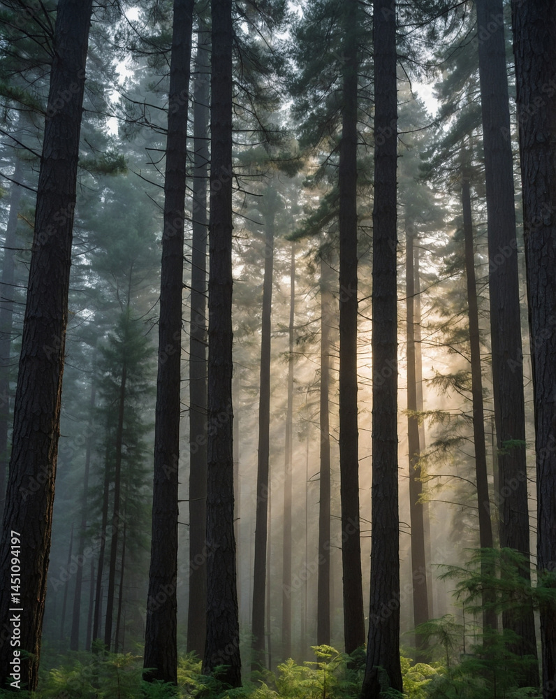Obraz premium Misty Morning in Untouched Pine Forest