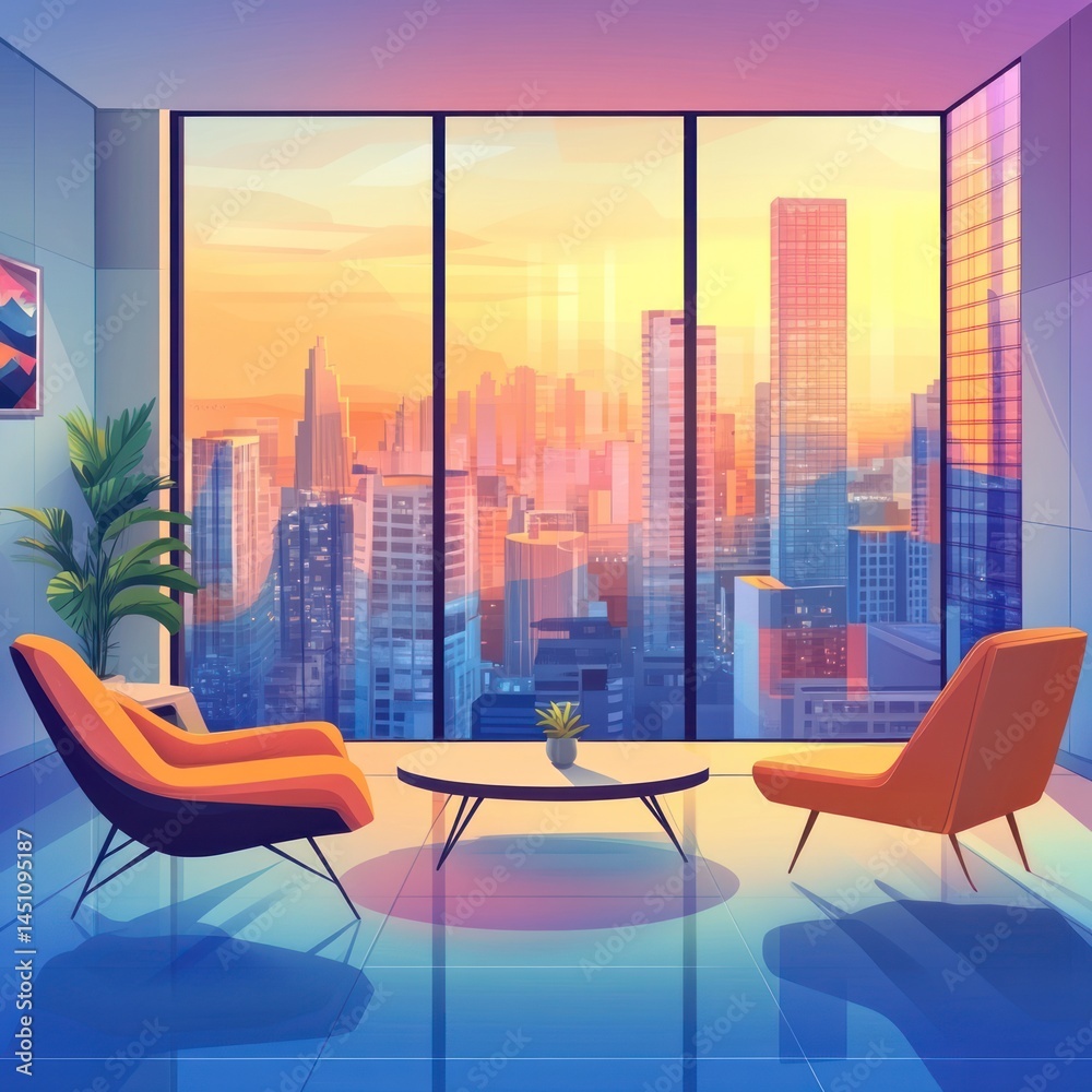 Fototapeta premium Modern apartment with cityscape sunrise view.